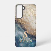 blue marble chic gold glitter monogram samsung galaxy hoesje (Achterkant)