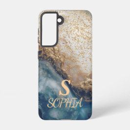 blue marble chic gold glitter monogram samsung galaxy hoesje
