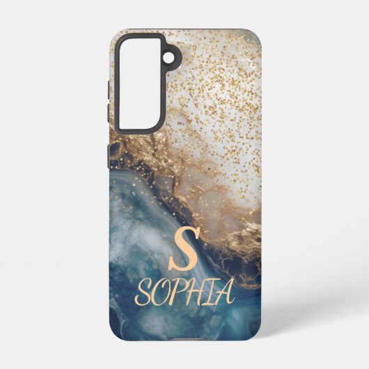 blue marble chic gold glitter monogram samsung galaxy hoesje (Achterkant)