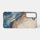 blue marble chic gold glitter monogram samsung galaxy hoesje (Achterkant horizontaal)