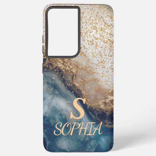 blue marble chic gold glitter monogram samsung galaxy hoesje (Achterkant)