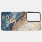 blue marble chic gold glitter monogram samsung galaxy hoesje (Achterkant horizontaal)