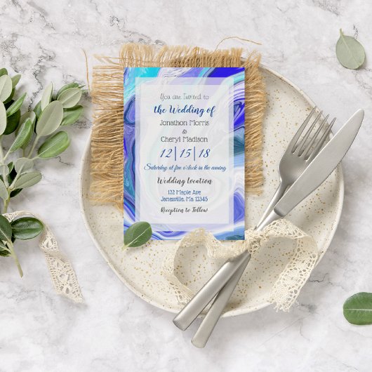 Blue Marble Fluid Art Wedding Kaart