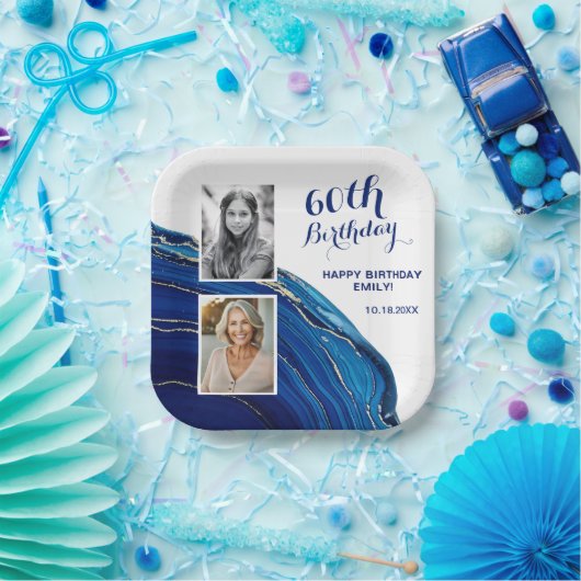 Blue Marble Glitter 2 Foto Verjaardagsfeest Papieren Bordje (Feest)