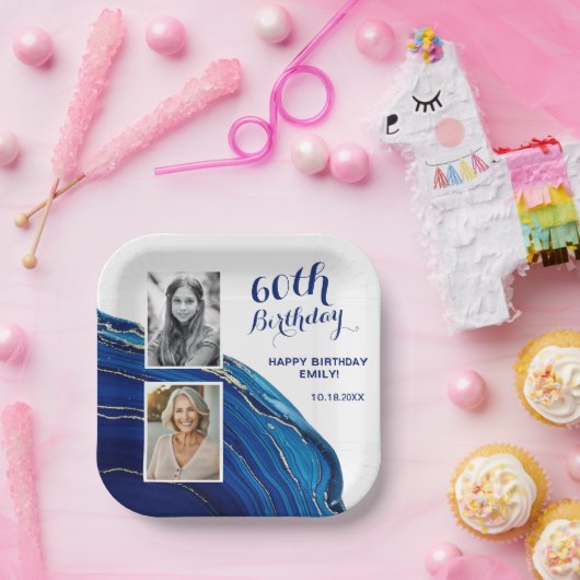 Blue Marble Glitter 2 Foto Verjaardagsfeest Papieren Bordje (Feest)