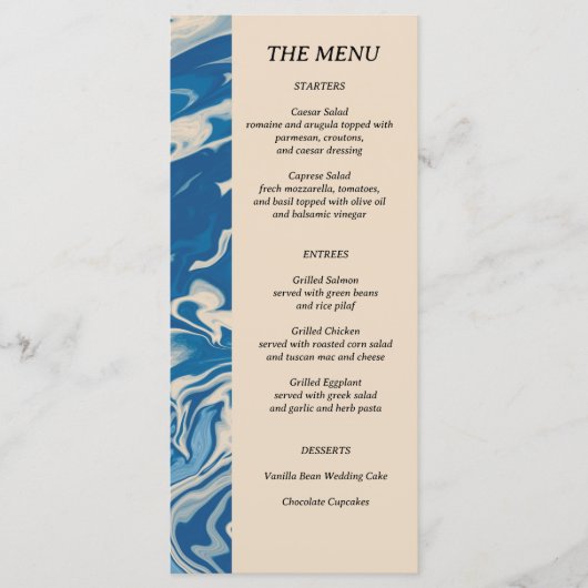 Blue Marble Modern Coastal Wedding Menu (Voorkant)
