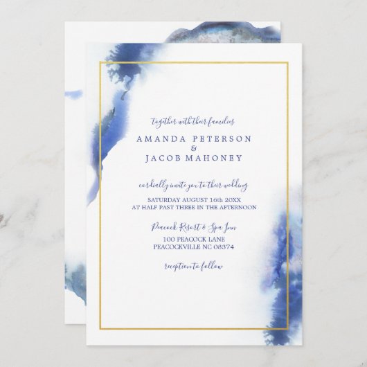 Blue Marble Ombre Gold Lijst Wedding Kaart (Voorkant / Achterkant)