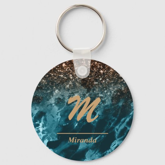 Blue Marble roos gold glitter Mongram gepersonalis Sleutelhanger (Voorkant)
