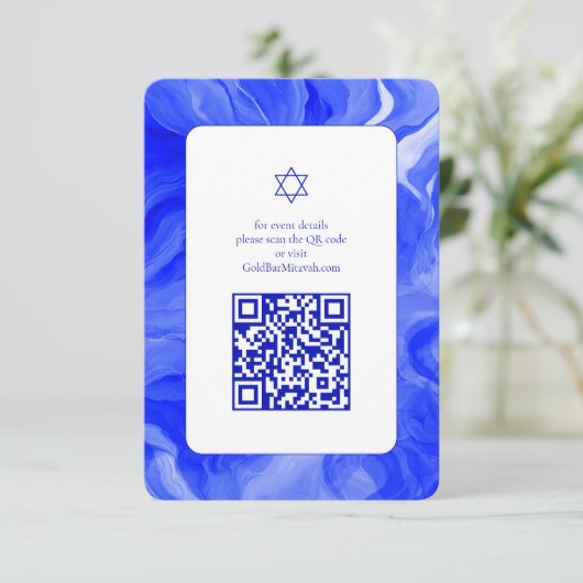 Blue Marble Star David Custom QR Bar Bat Mitzvah Informatiekaartje (Staand voorkant)