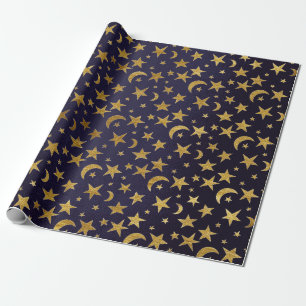 Blue Marine Golden Stars en Moon Sky Cadeaupapier