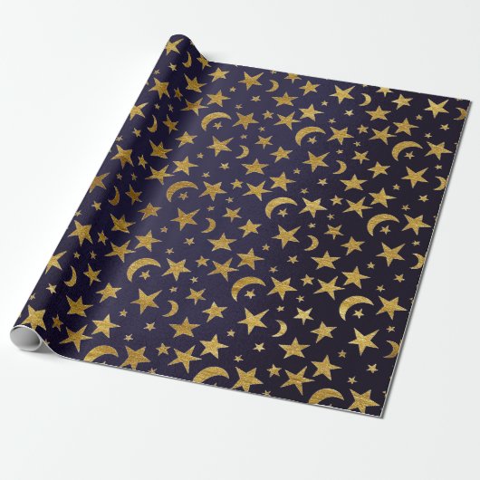Blue Marine Golden Stars en Moon Sky Cadeaupapier (Uitgerold)