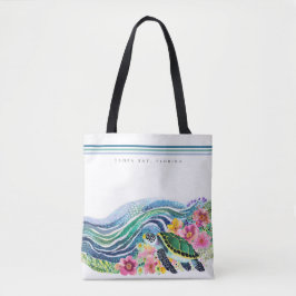 Blue Marine Happy Turtle & Waves Custom Tote Bag