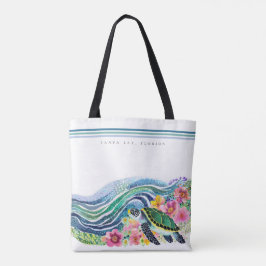 Blue Marine Happy Turtle & Waves Custom Tote Bag