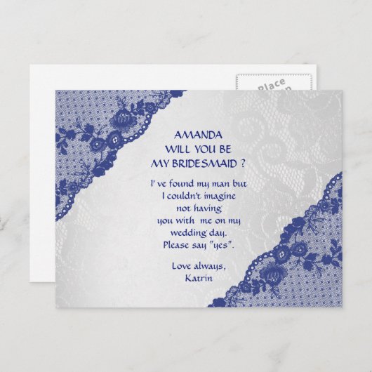 Blue Marine Lace Silver zal je mijn Bridesmaid zij Uitnodiging Briefkaart (Voorkant / Achterkant)