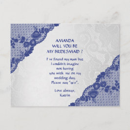 Blue Marine Lace Silver zal je mijn Bridesmaid zij Uitnodiging Briefkaart