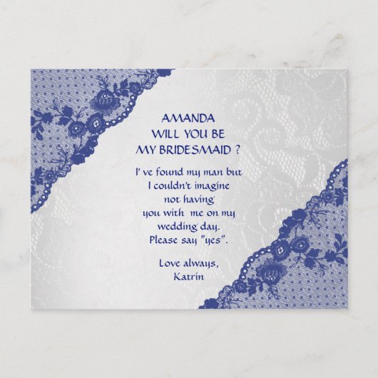 Blue Marine Lace Silver zal je mijn Bridesmaid zij Uitnodiging Briefkaart (Voorkant)