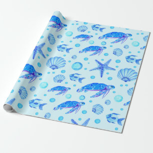Blue Marine Life - Turtles, Fish and Seashells Cadeaupapier