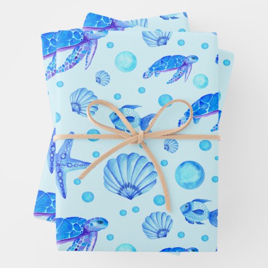 Blue Marine Life - Turtles, Fish and Seashells Inpakpapier Vel (In situ)