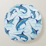 Blue Marlin Jumping out of Ocean Rond Kussen<br><div class="desc">Realistic illustration of a beautiful Marlin Fish Ocean Animal jumping out of ocean. Vector Art copyright BluedarkArt TheChameleonArt.</div>