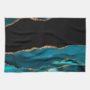 Blue Marmer Agate Glamoureuze Zwarte Gouden Glitte Theedoek