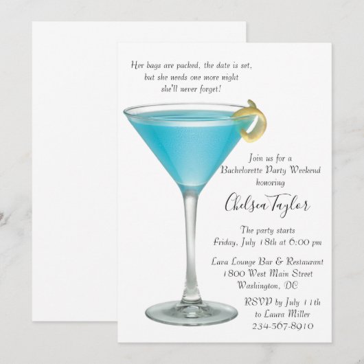 Blue Martini Cocktail Hour Bachelorette Party Kaart (Voorkant / Achterkant)