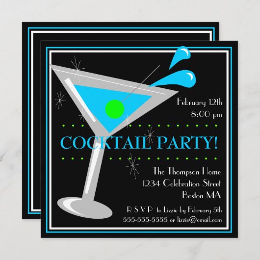 Blue Martini Cocktail Party Invitation Kaart (Voorkant / Achterkant)