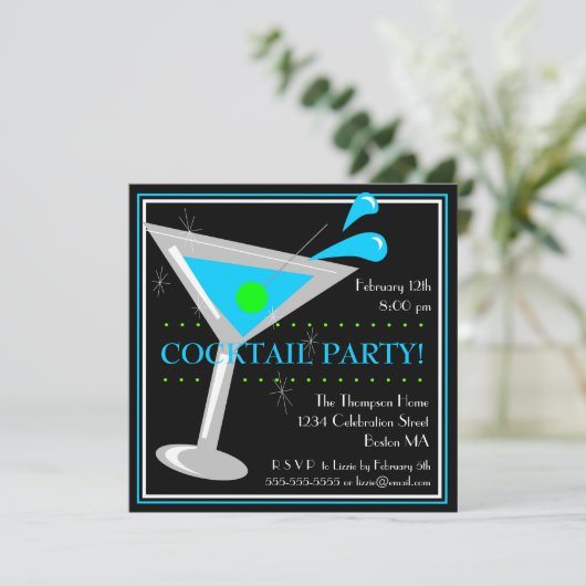 Blue Martini Cocktail Party Invitation Kaart (Staand voorkant)