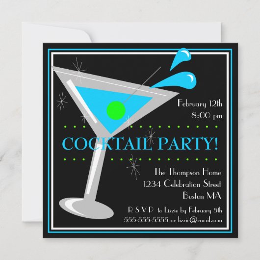 Blue Martini Cocktail Party Invitation Kaart (Voorkant)