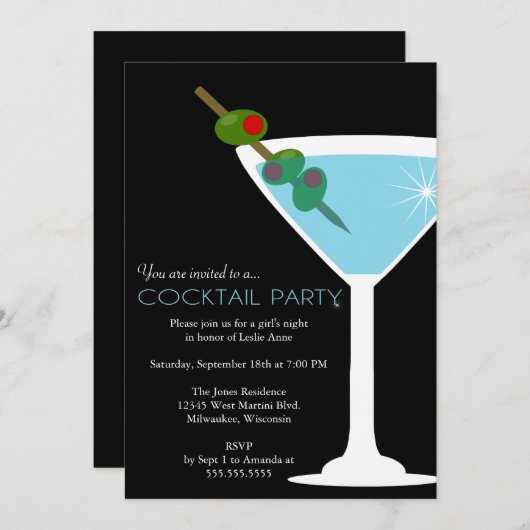 Blue Martini Cocktail Party Invitation Kaart (Voorkant / Achterkant)