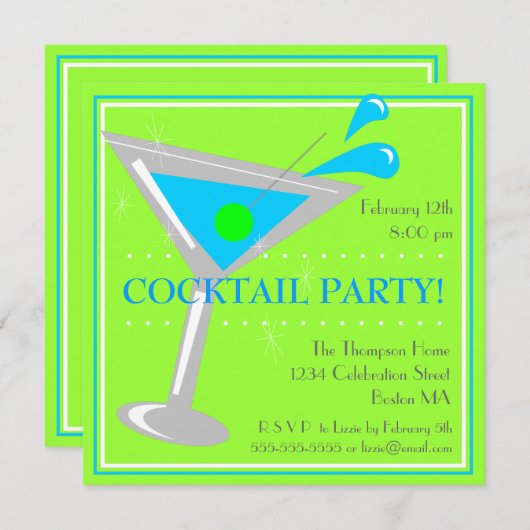 Blue Martini Cocktail Party Invitation Kaart (Voorkant / Achterkant)