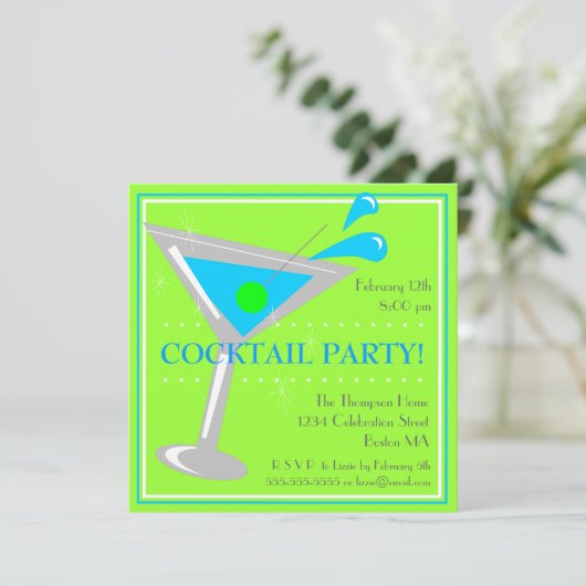 Blue Martini Cocktail Party Invitation Kaart (Staand voorkant)