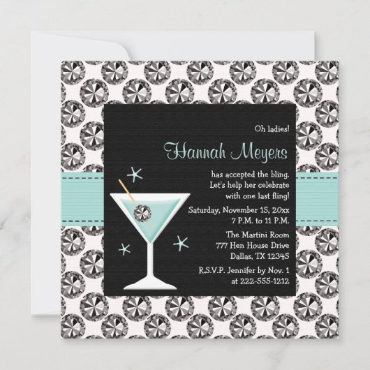 Blue Martini Diamond Bachelorette Party Invitation Kaart (Voorkant)