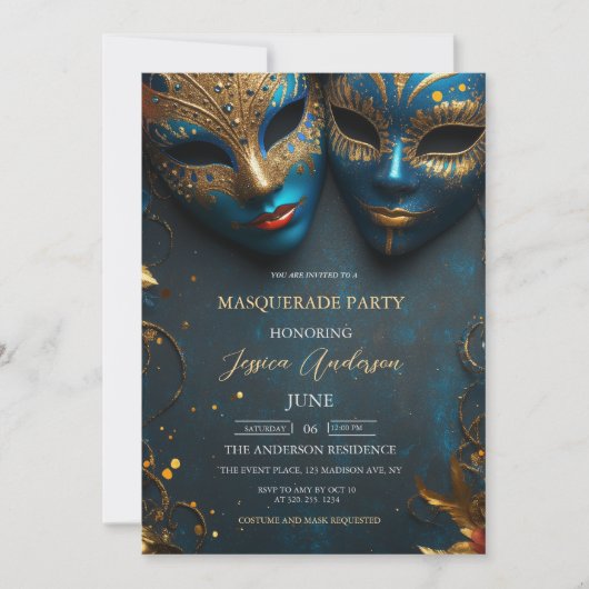 Blue Mask Masquerade Party Verjaardag Kaart (Voorkant)