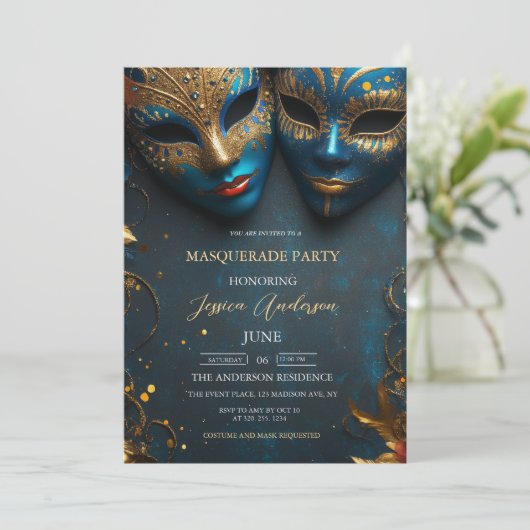 Blue Mask Masquerade Party Verjaardag Kaart (Staand voorkant)