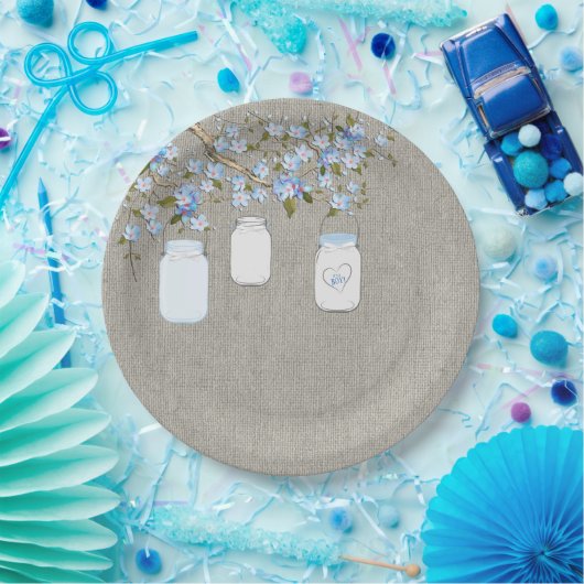 Blue Mason Jar Burlap Boys Baby shower Papieren Bordje (Feest)