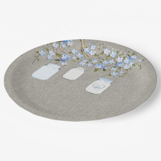 Blue Mason Jar Burlap Boys Baby shower Papieren Bordje (Gekanteld)