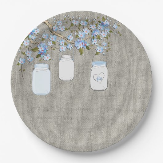 Blue Mason Jar Burlap Boys Baby shower Papieren Bordje (Voorkant)
