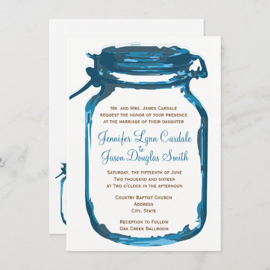 Blue Mason Jar Country Rustic Wedding Invitations Kaart (Voorkant / Achterkant)