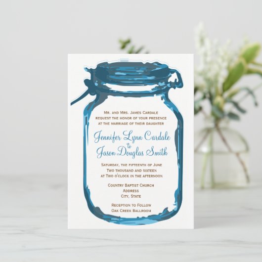 Blue Mason Jar Country Rustic Wedding Invitations Kaart (Staand voorkant)