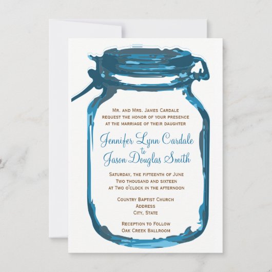 Blue Mason Jar Country Rustic Wedding Invitations Kaart (Voorkant)