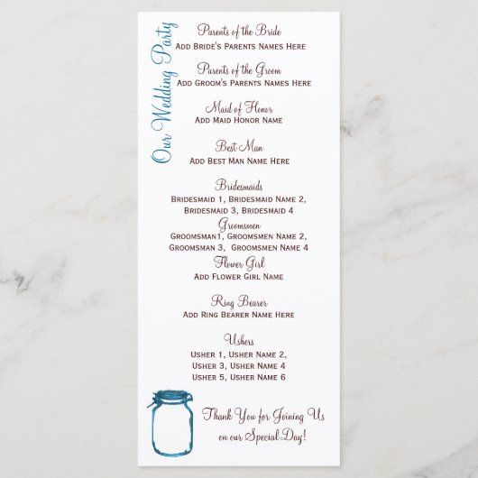 Blue Mason Jar Country Wedding Programs Programmakaart (Achterkant)