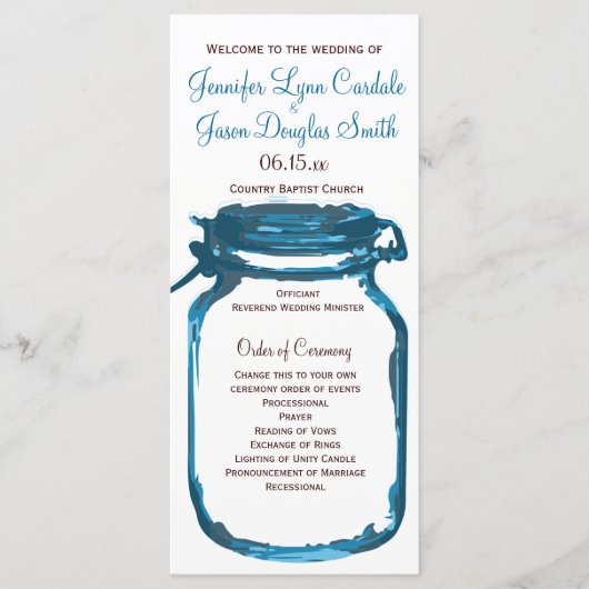 Blue Mason Jar Country Wedding Programs Programmakaart (Voorkant)