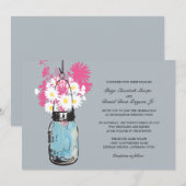 Blue Mason Jar Daisies en Wildflowers Wedding Kaart (Voorkant / Achterkant)
