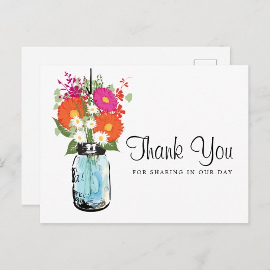 Blue Mason Jar en Gerber Daisies Bedankt Briefkaart (Voorkant / Achterkant)