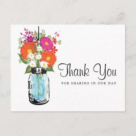 Blue Mason Jar en Gerber Daisies Bedankt Briefkaart (Voorkant)