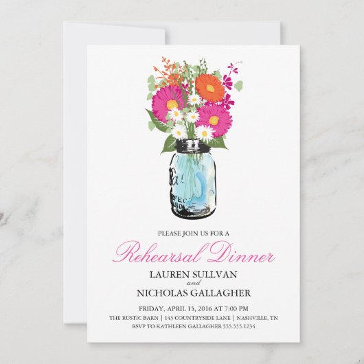 Blue Mason Jar en Gerber Daisies Rehearsal Dinner Kaart (Voorkant)