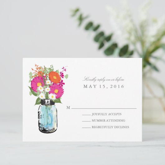 Blue Mason Jar en Gerber Daisies RSVP (Staand voorkant)