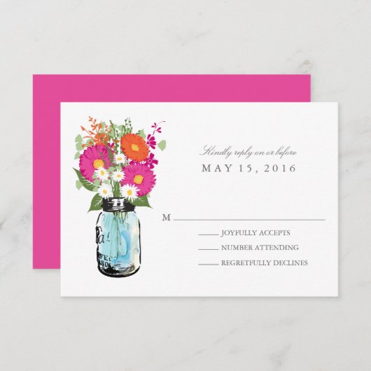 Blue Mason Jar en Gerber Daisies RSVP (Voorkant / Achterkant)