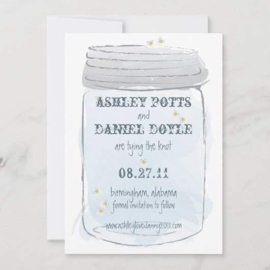 Blue Mason Jar & Fireflies Save the Date (Voorkant)