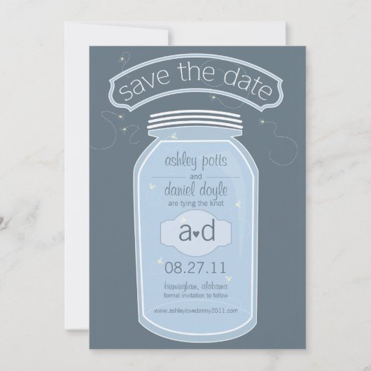 Blue Mason Jar & Fireflies Save the Date (Voorkant)